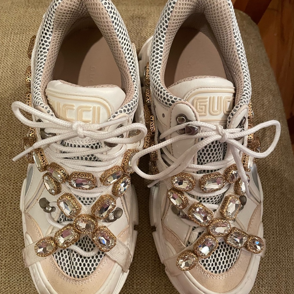 Gucci Women's White Sneakers with Gold Accents